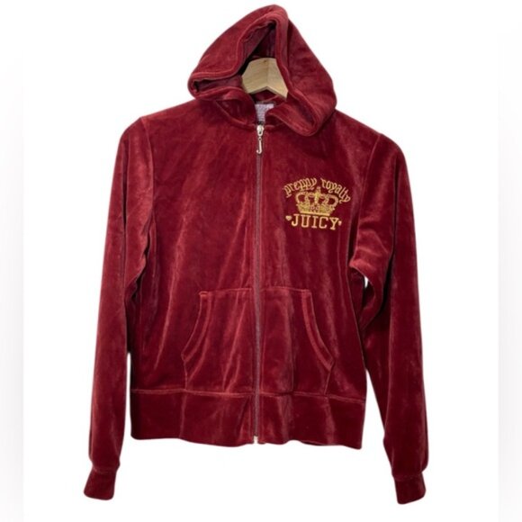 Juicy Couture Velour Zip Hoodie Garnet Red Classic Preppy Royal - Size L - Picture 1 of 8